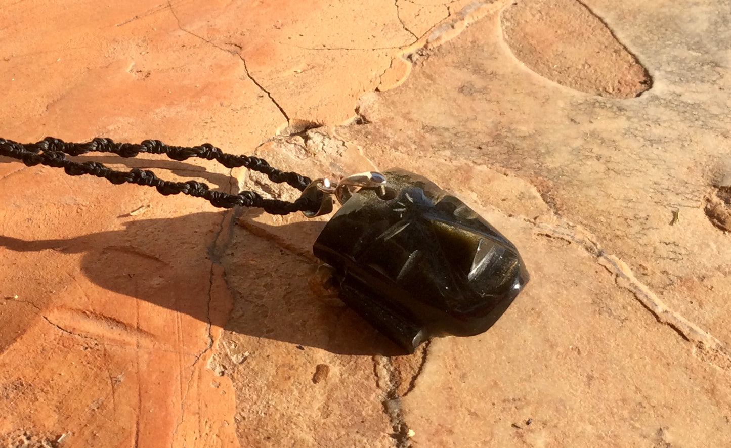 Teotihuacan Head Mask Pendant carved in Golden Obsidian stone - Mexican Necklace Precolombian Jewelry