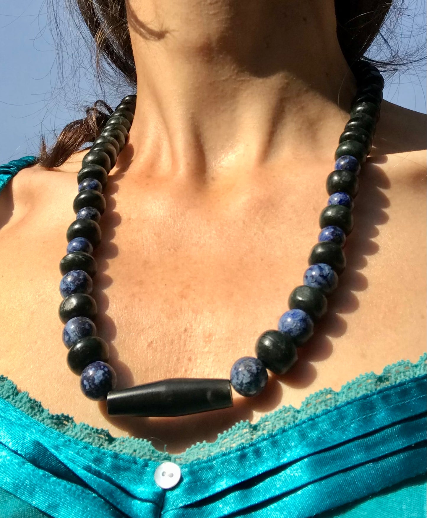 Mayan Jewelry Set like Ancient Guatemalan Jade style with serpentine & lapis lazuli beads - Precolombian style necklace and bracelet