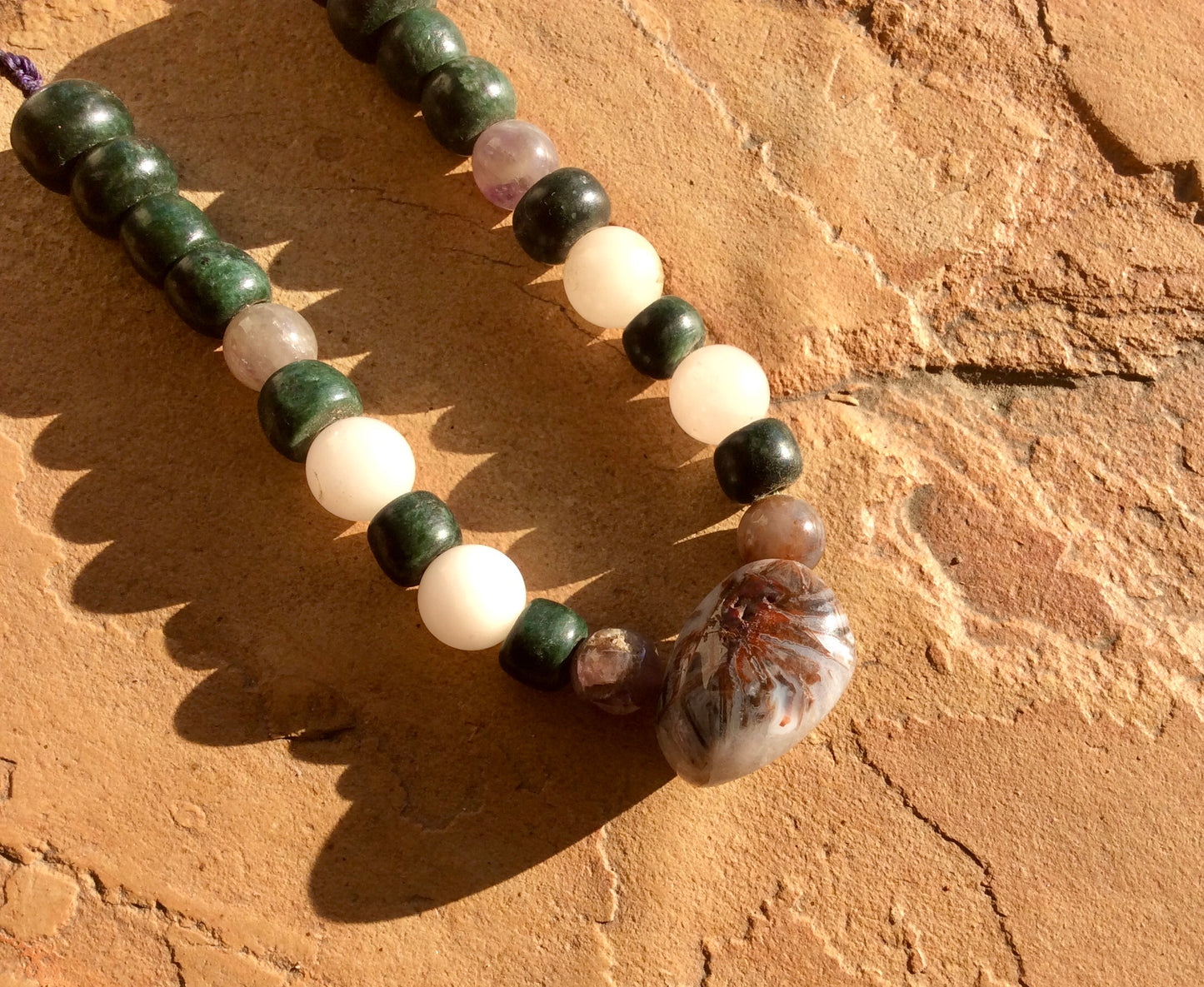 Tranquil Harmony Necklace: White Agate Pendant with Serpentine, Amethyst, and Rose Quartz Beads- Women Jewelry