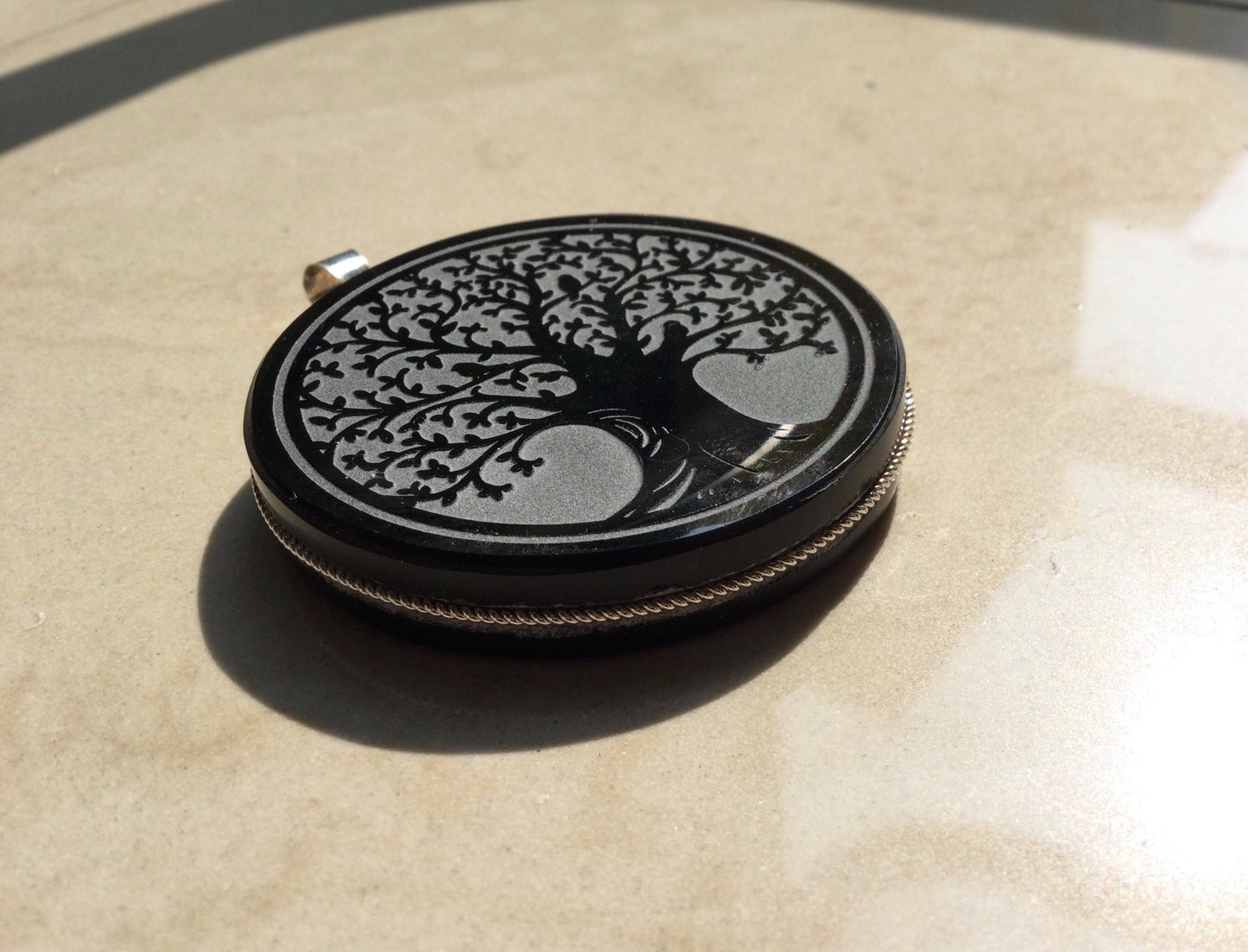 Tree pendant engraved black obsidian stone- Genuine Mexican Obsidian jewelry supplies 