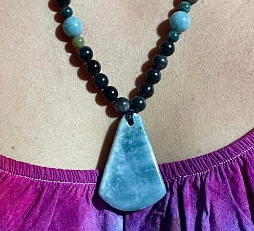 Authentic Guatemalan Jade Pendant Necklace with silver obsidian & Agate Moss beads - Mayan Mexican Jewelry gemstones