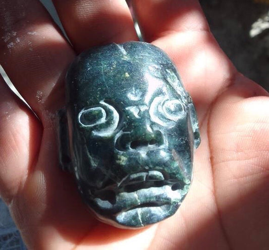 Olmec Head Jaguar carved Pendant Serpentine Stone - 50mm - Precolombian Mexican Jewelry