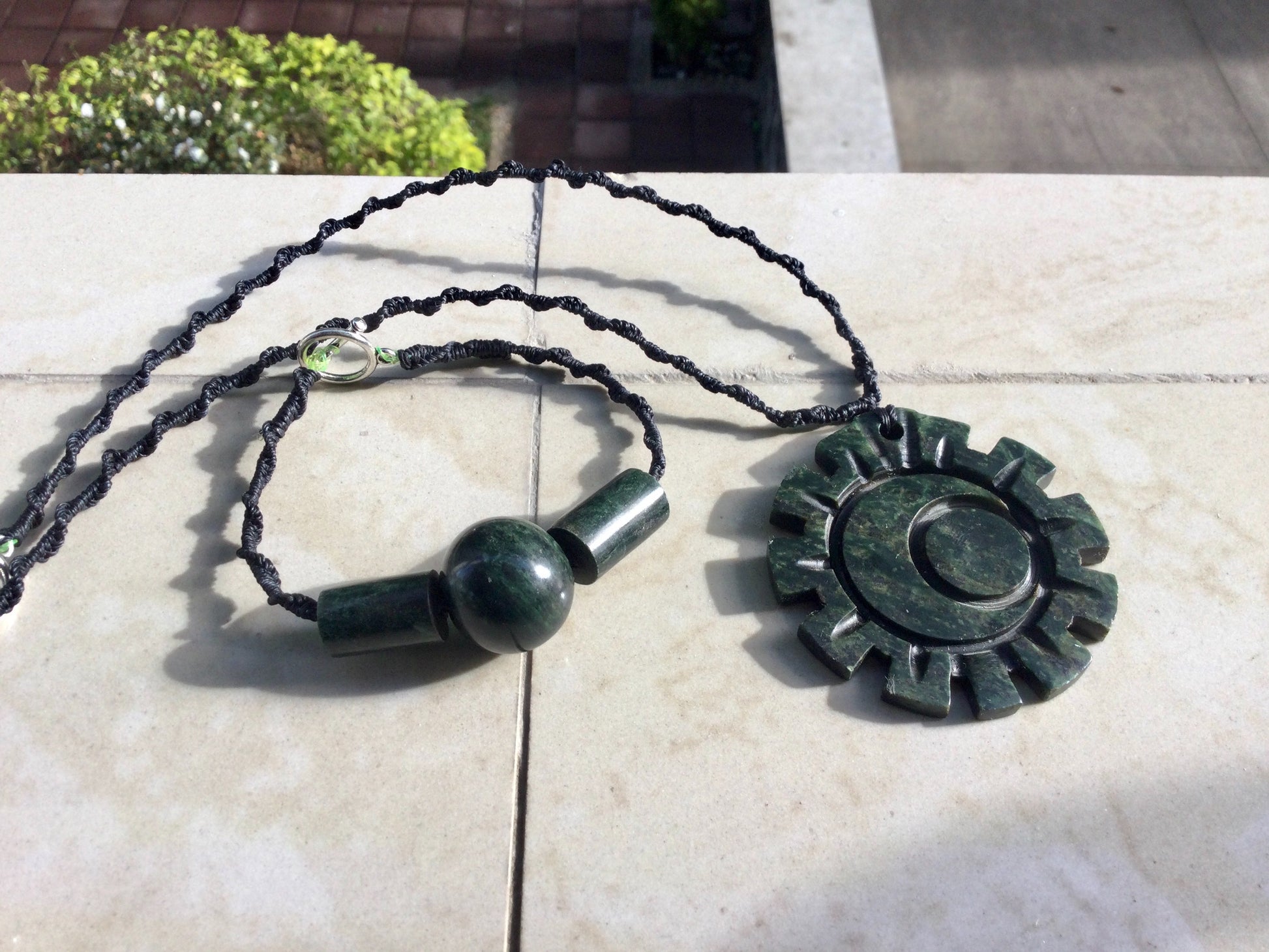 Moon Sun Symbol Guatemalan jade serpentine stone necklace - Mexican Precolombian jewelry