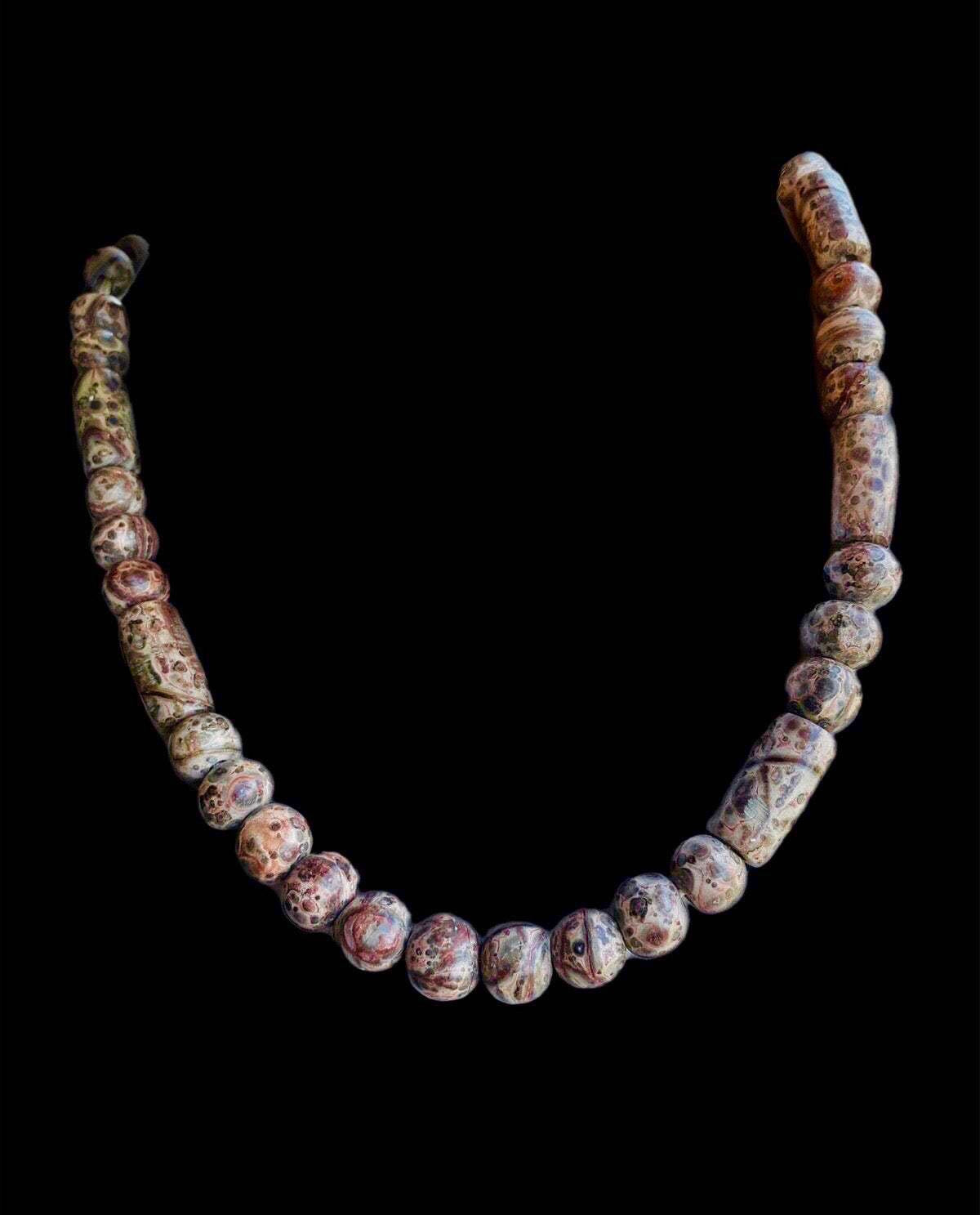 Calcedony Viper skin stone beads necklace, artisanal handmade carved, Mayan precolombian Mexican style jewelry