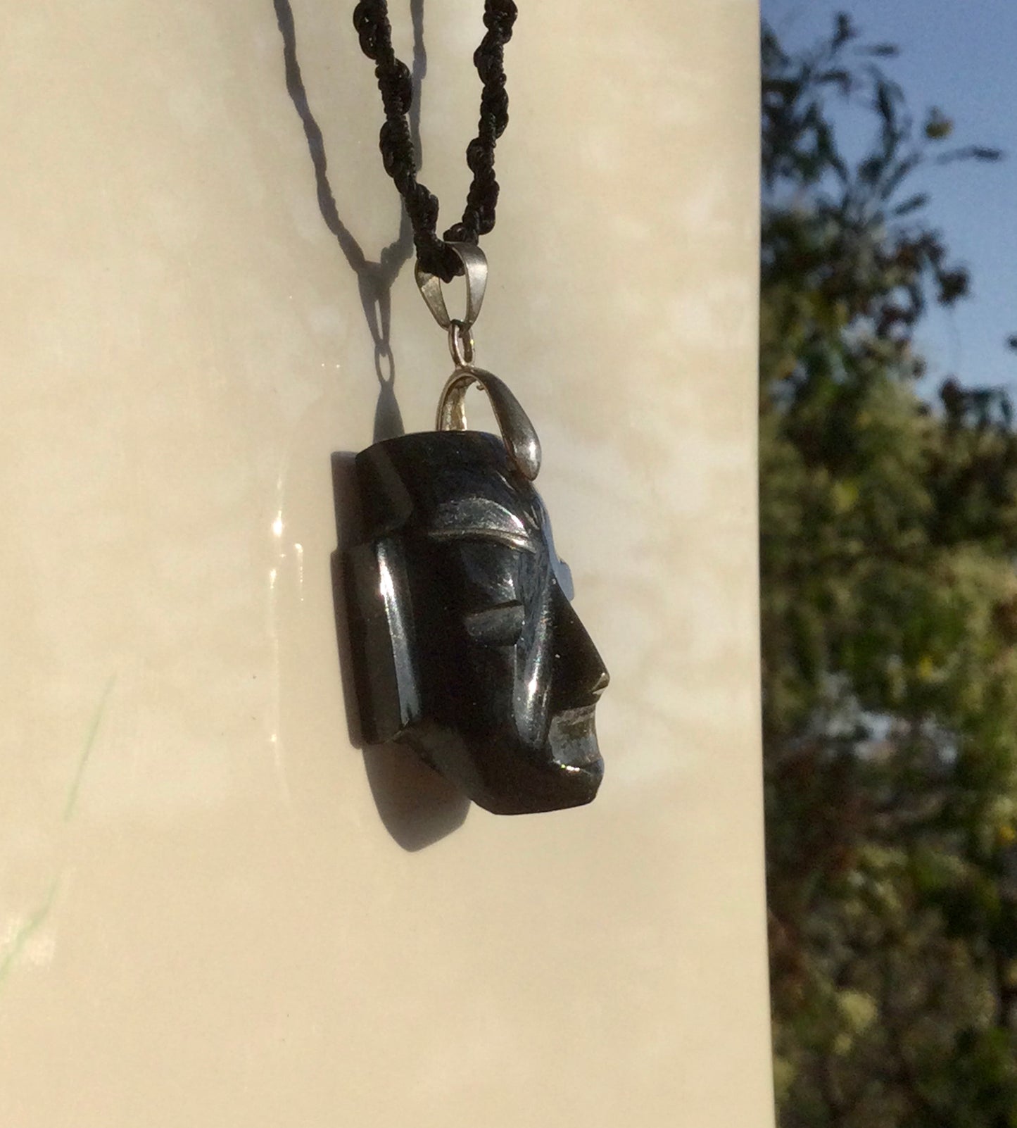 Teotihuacan Head Mask Pendant carved in Golden Obsidian stone - Mexican Necklace Precolombian Jewelry