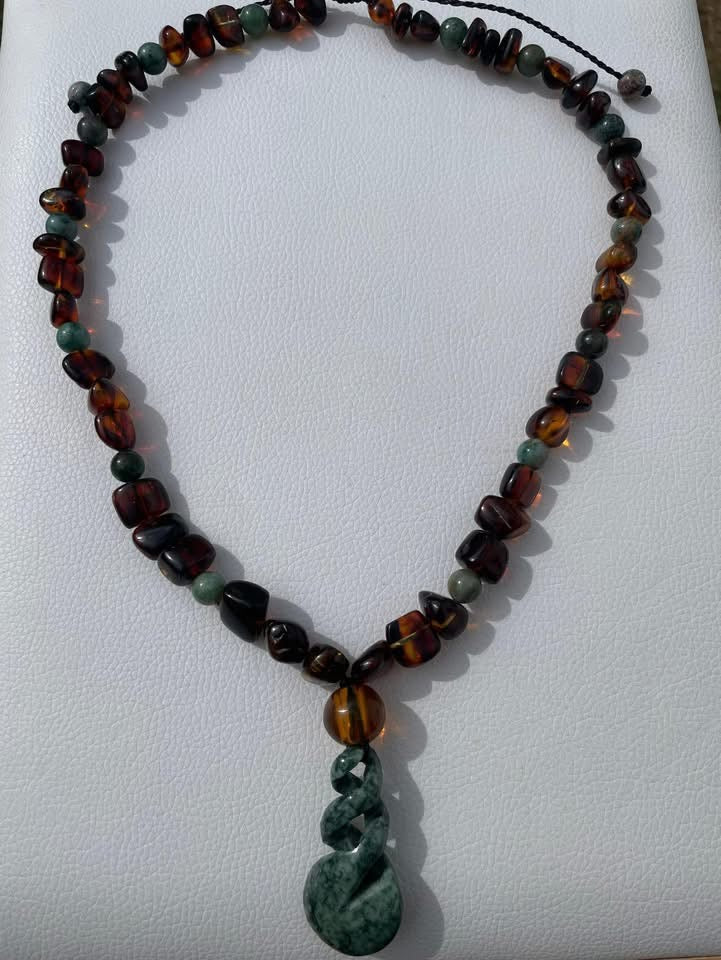 Authentic Guatemalan Jade Jaguar Pendant Necklace with Amber from Chiapas - Mayan Jewelry Gemstones