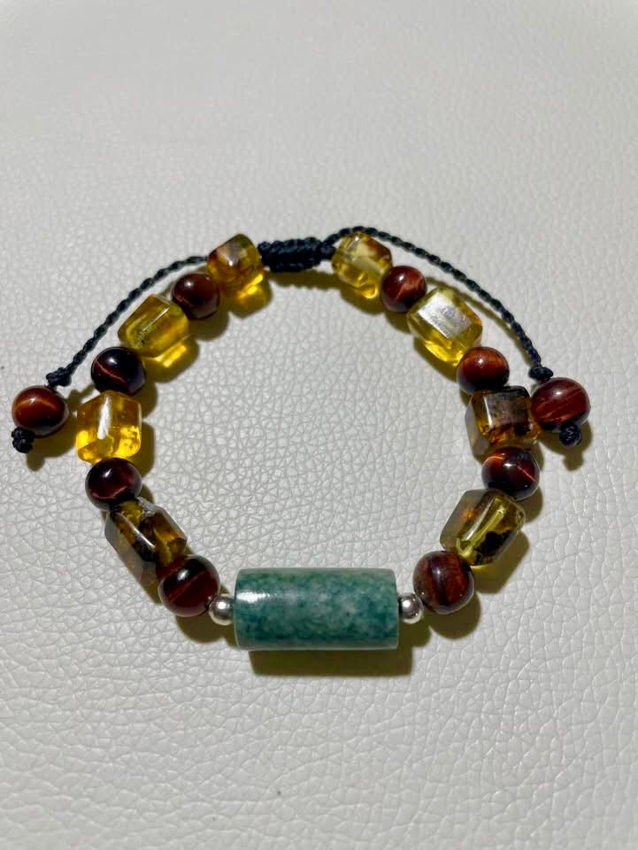 Guatemalan Jade Bracelet with Mexican Amber, red tiger eye & volcanic stone beads - Mayan Jewelry