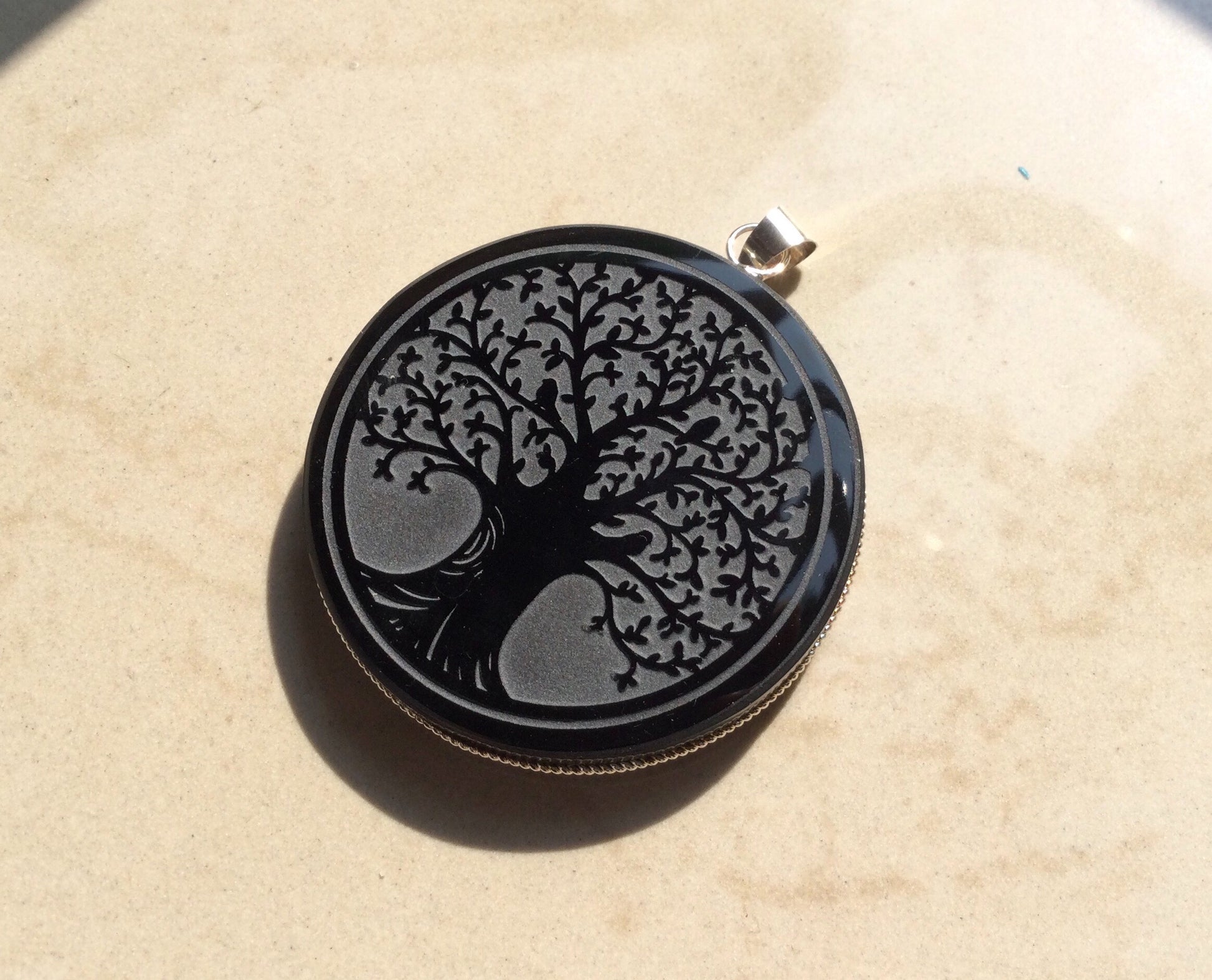 Tree pendant engraved black obsidian stone- Genuine Mexican Obsidian jewelry supplies 