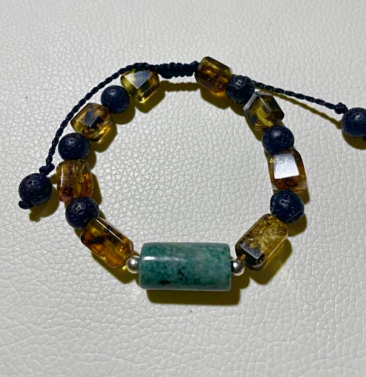 Guatemalan Jade Bracelet with Mexican Amber, red tiger eye & volcanic stone beads - Mayan Jewelry