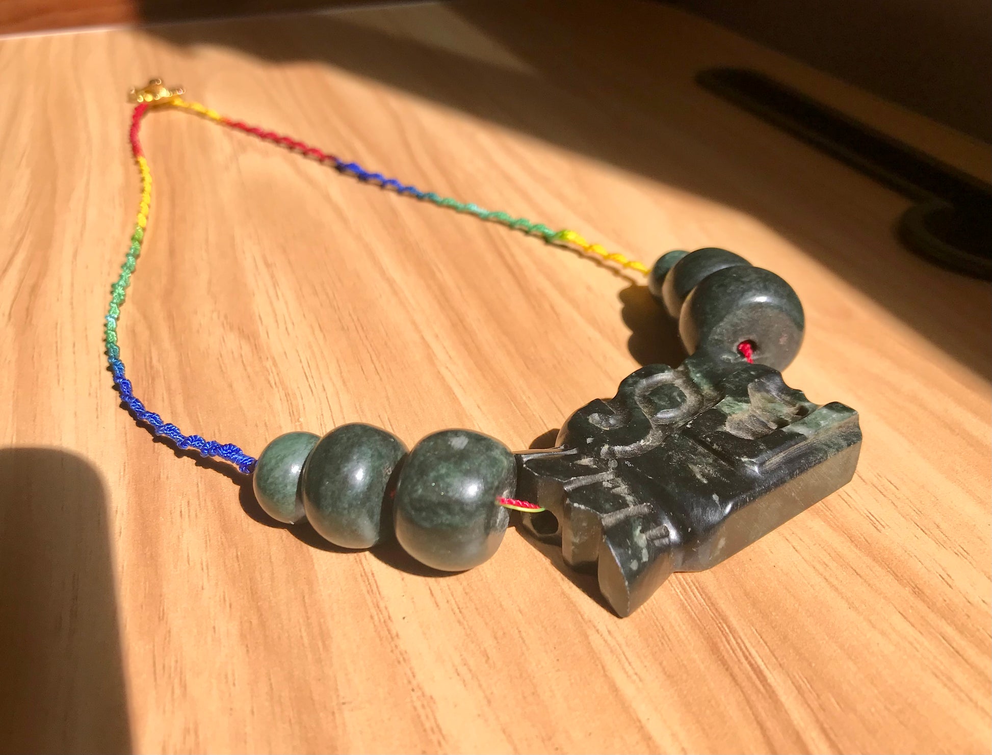 Quetzalcóatl, Kukulkan, feathered snake  pendant like ancient Guatemalan jade style, serpentine stone and green macramé necklace, Aztec Mayan jewelry precolombian style