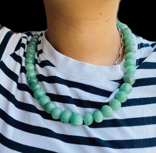 Green Aventurine stone choker beads necklace, artisanal handmade carved, Mayan precolombian Mexican style jewelry