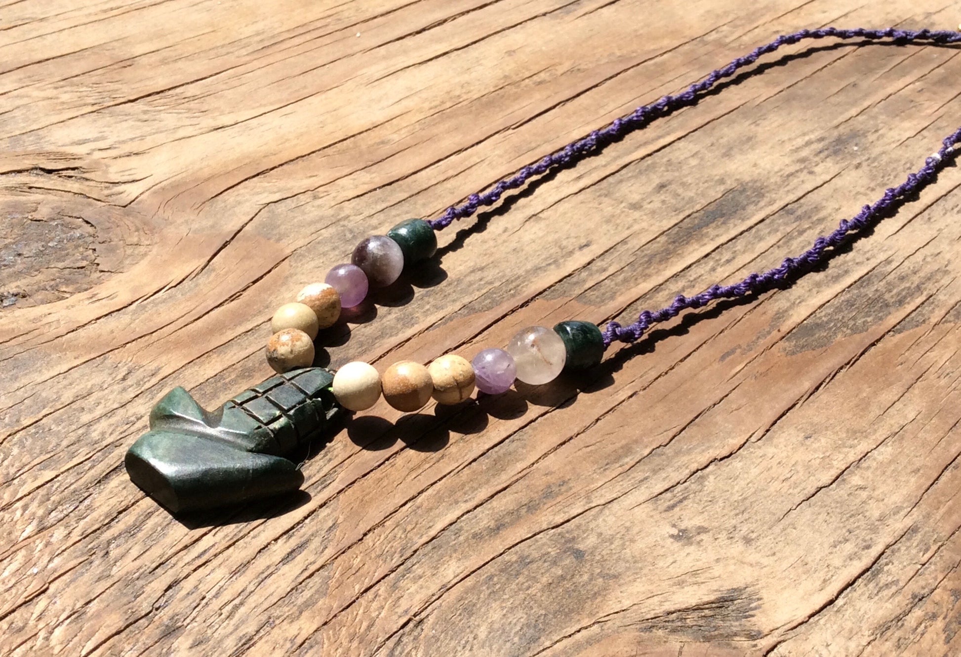 Corn Plant stone pendant, Guatemalan jade Style, serpentine stone necklace and petrified wood beads, amethyst, Mexican Nature jewelry