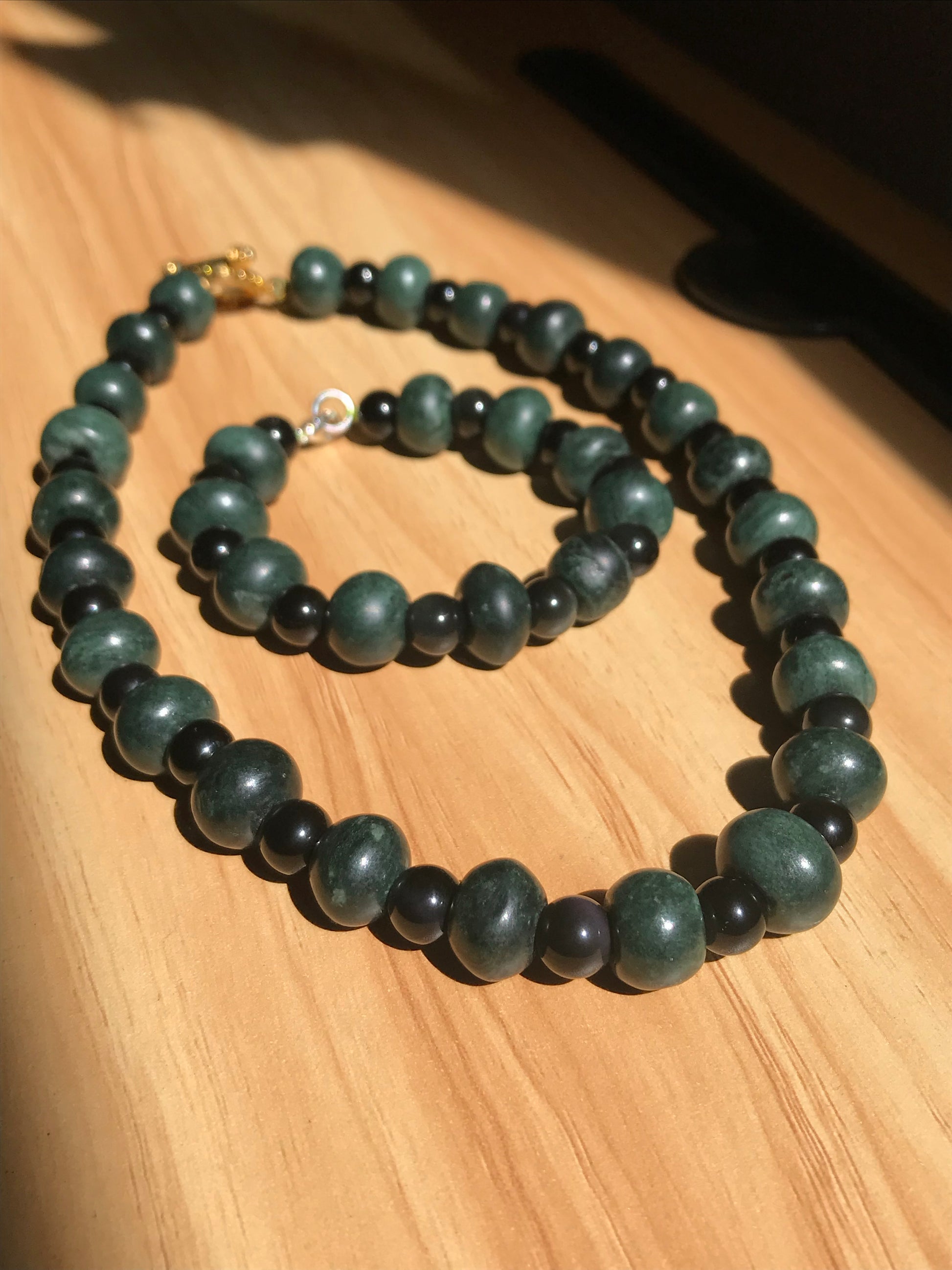 Mayan Jewelry - Guatemalan jade style Set Necklace & Bracelet - Obsidian & serpentine Stones - Precolombian
