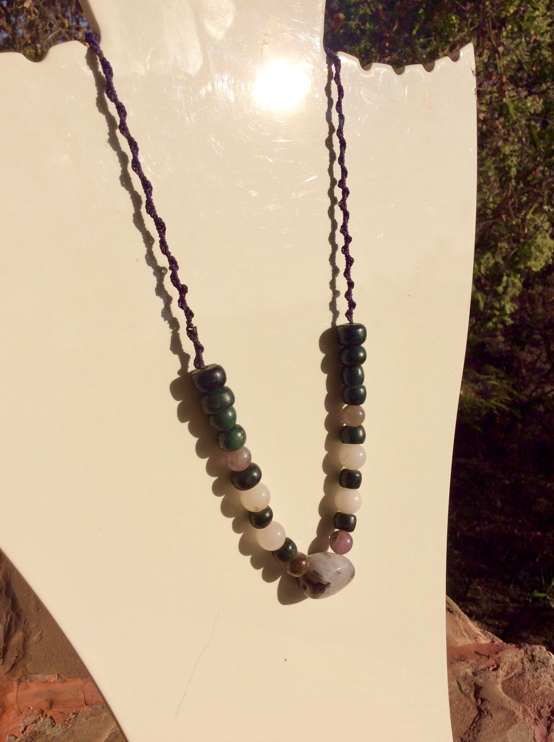 Tranquil Harmony Necklace: White Agate Pendant with Serpentine, Amethyst, and Rose Quartz Beads- Women Jewelry