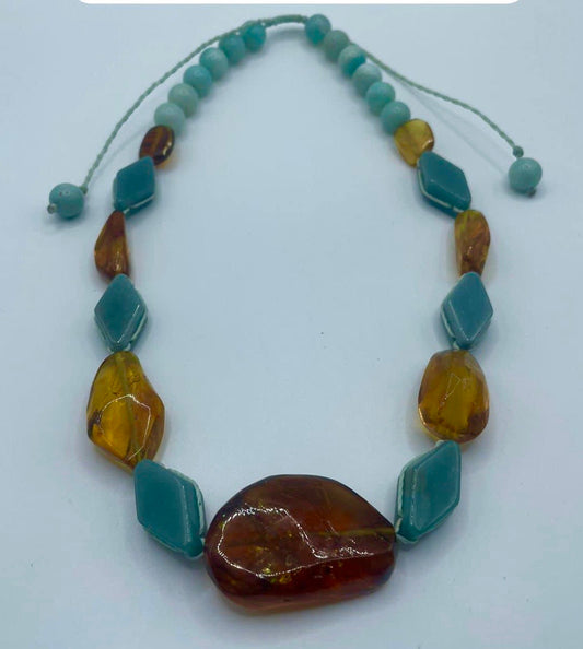 Authentic Mexican Amber Necklace with insect & Guatemalan Jade - Mayan Jewelry Gemstones