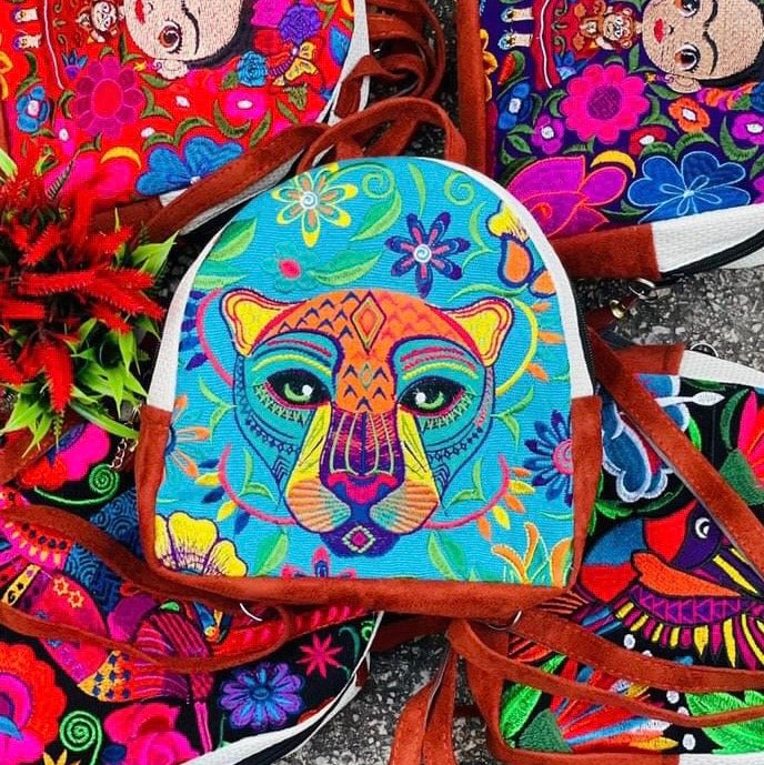 Flowers of Mexico : Embroidered mini backpack Handmade Bag Jaguar