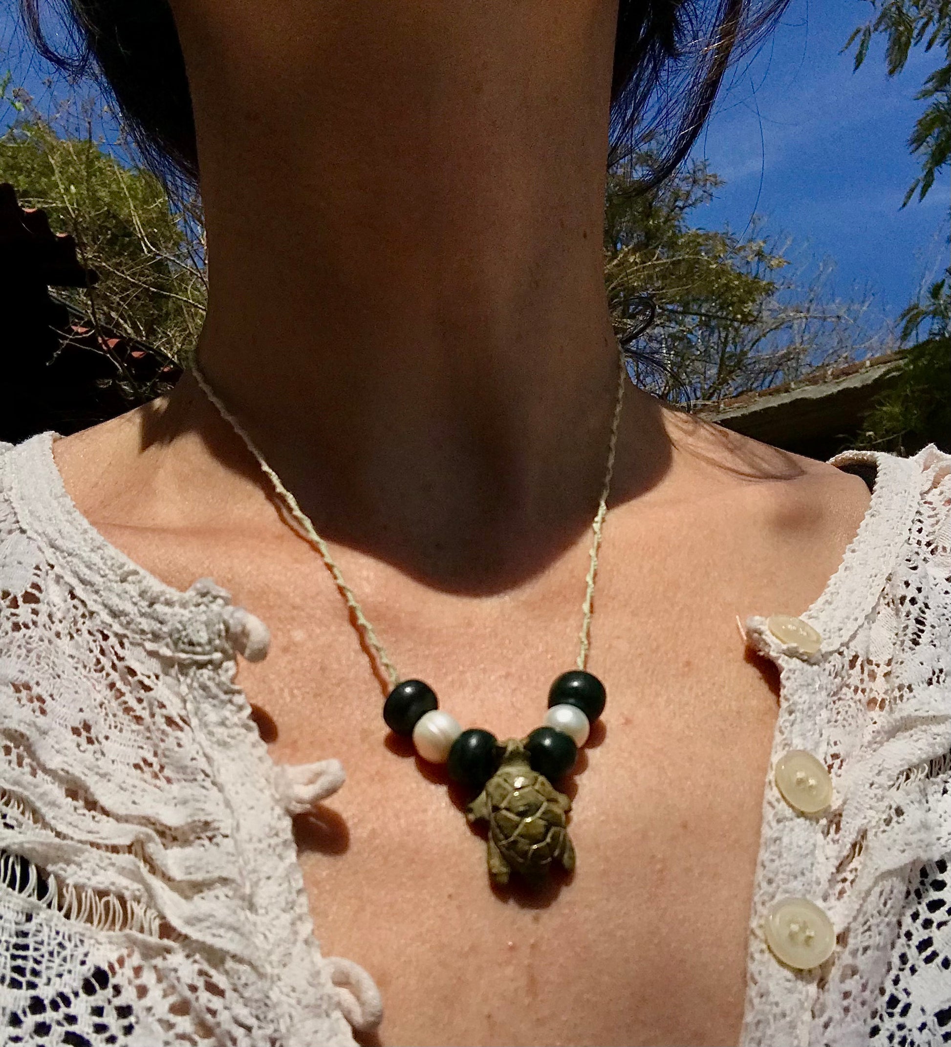 Turtle pendant Necklace- serpentine green stone like ancient Mayan Guatemalan jade Jewelry