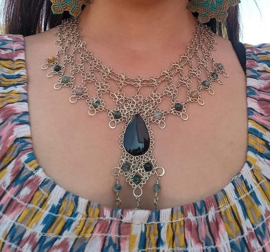 Mexican Obsidian and Moss Agate stone & Alpaca Necklace Jewelry