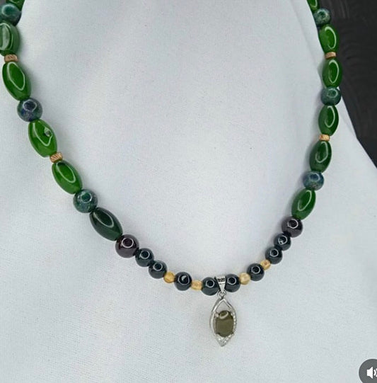 Olmec Jade Choker Necklace with Red Garnet, Chrysocolla, Amber & Tourmaline Pendants in Sterling Silver