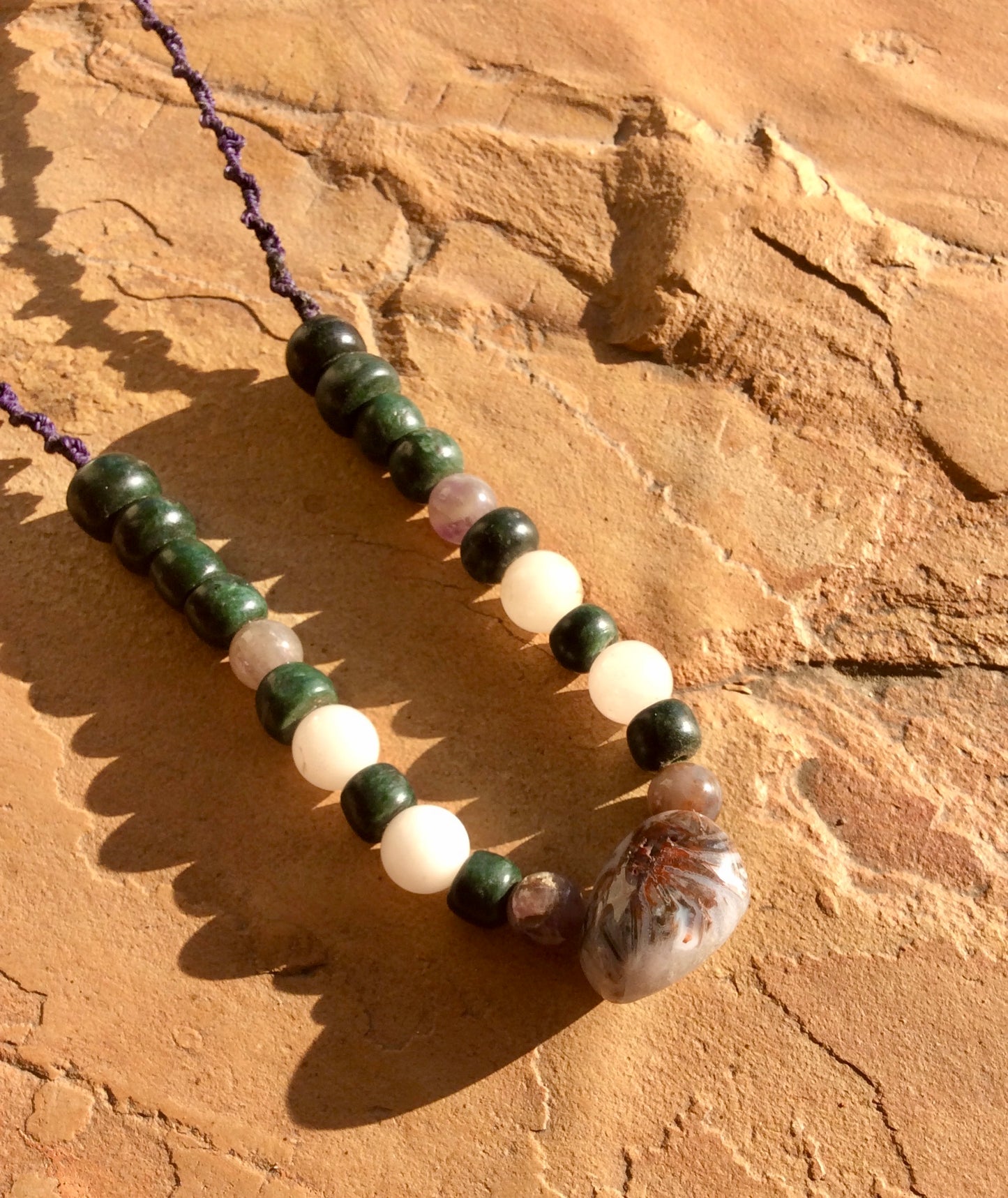 Tranquil Harmony Necklace: White Agate Pendant with Serpentine, Amethyst, and Rose Quartz Beads- Women Jewelry