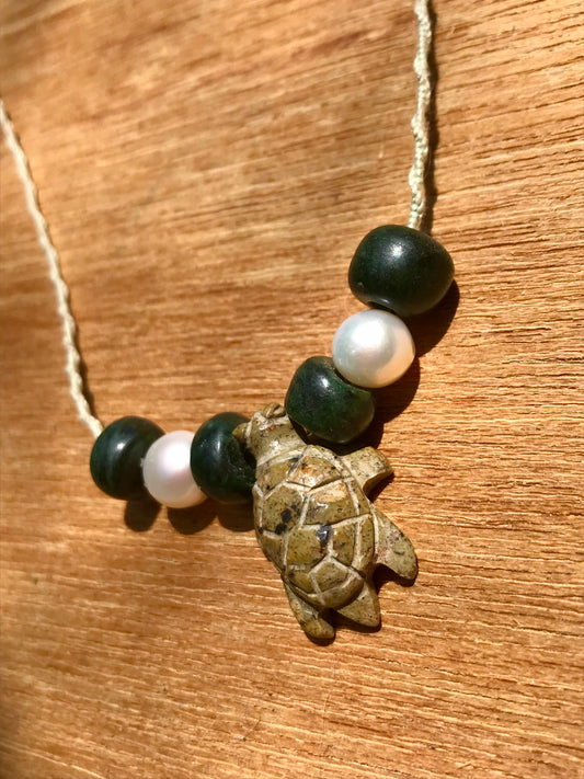 Turtle pendant Necklace- serpentine green stone like ancient Mayan Guatemalan jade Jewelry