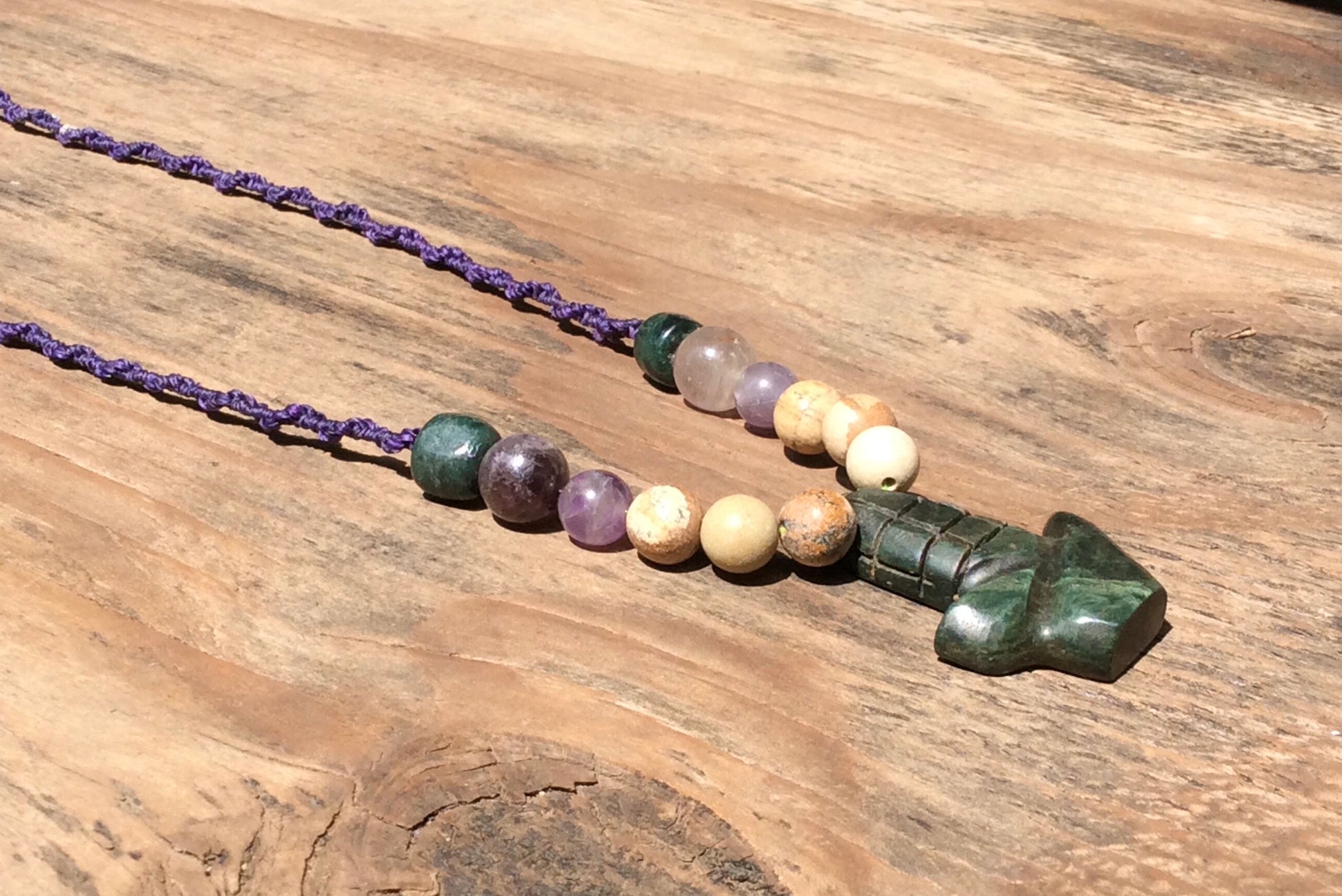 Corn Plant stone pendant, Guatemalan jade Style, serpentine stone necklace and petrified wood beads, amethyst, Mexican Nature jewelry