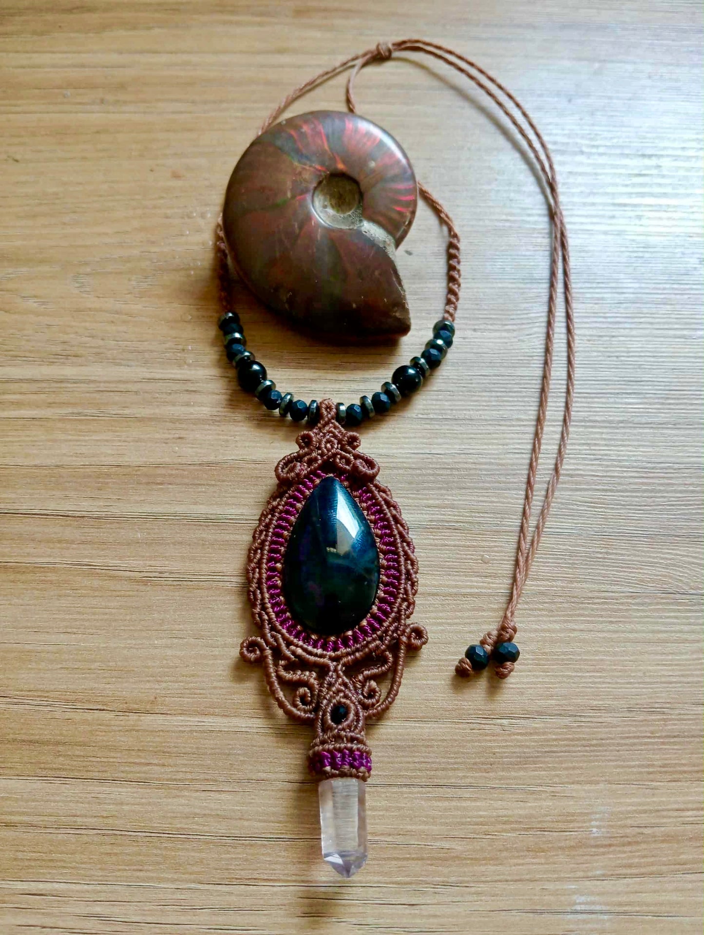 Red Macramé necklace with velvet Obsidian pendant & crystal Quartz  - Mexican Handmade - Protection, revelation & purification (Copia) (Copia) (Copia)
