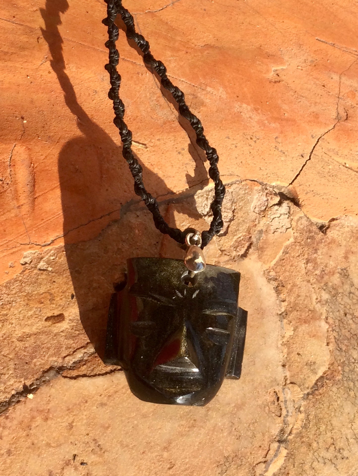 Teotihuacan Head Mask Pendant carved in Golden Obsidian stone - Mexican Necklace Precolombian Jewelry