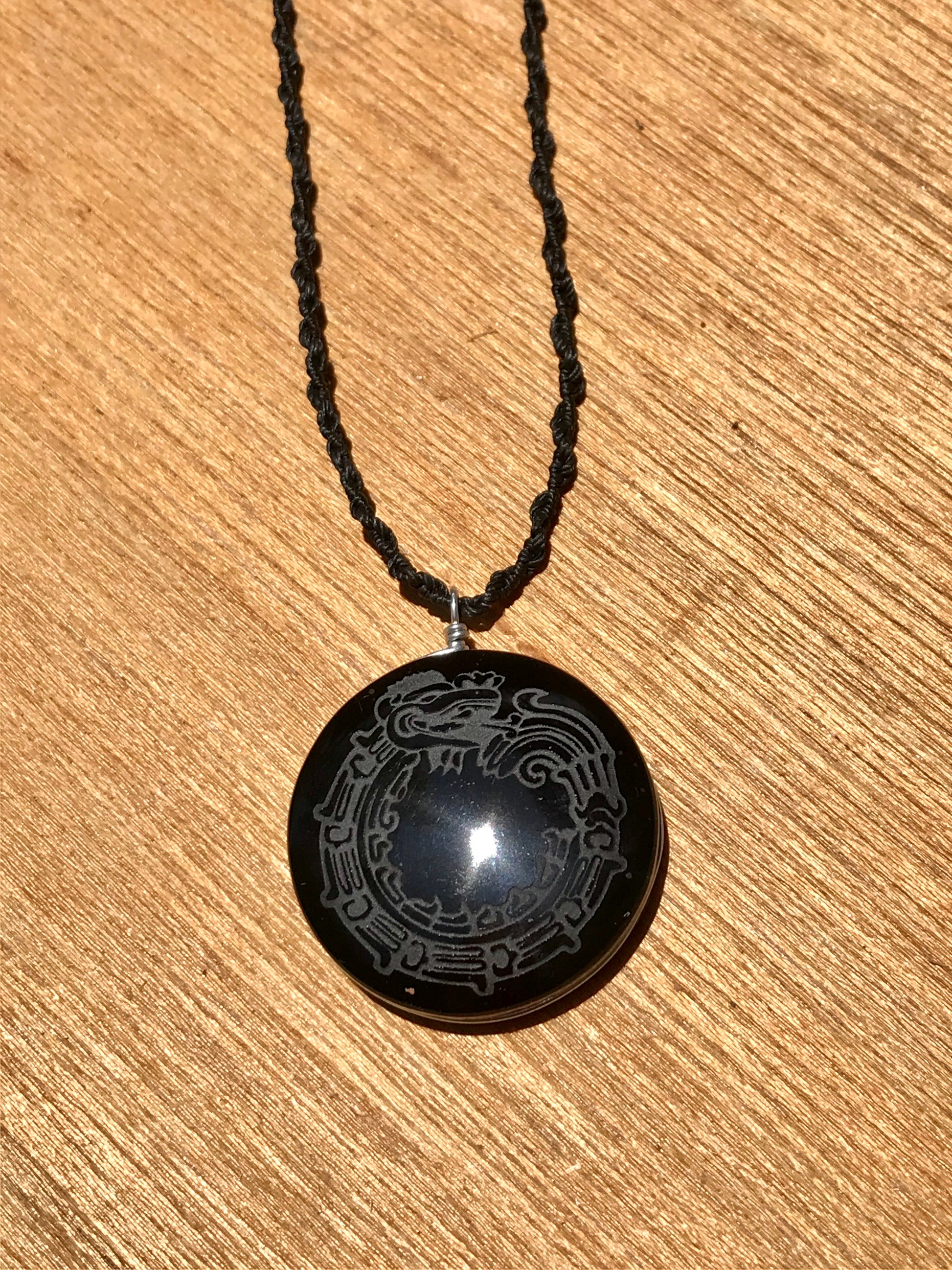 Quetzalcoatl, Kukulkan, Feathered serpent Pendant crystal black obsidian, Mexican prehispanic Precolombian jewelry