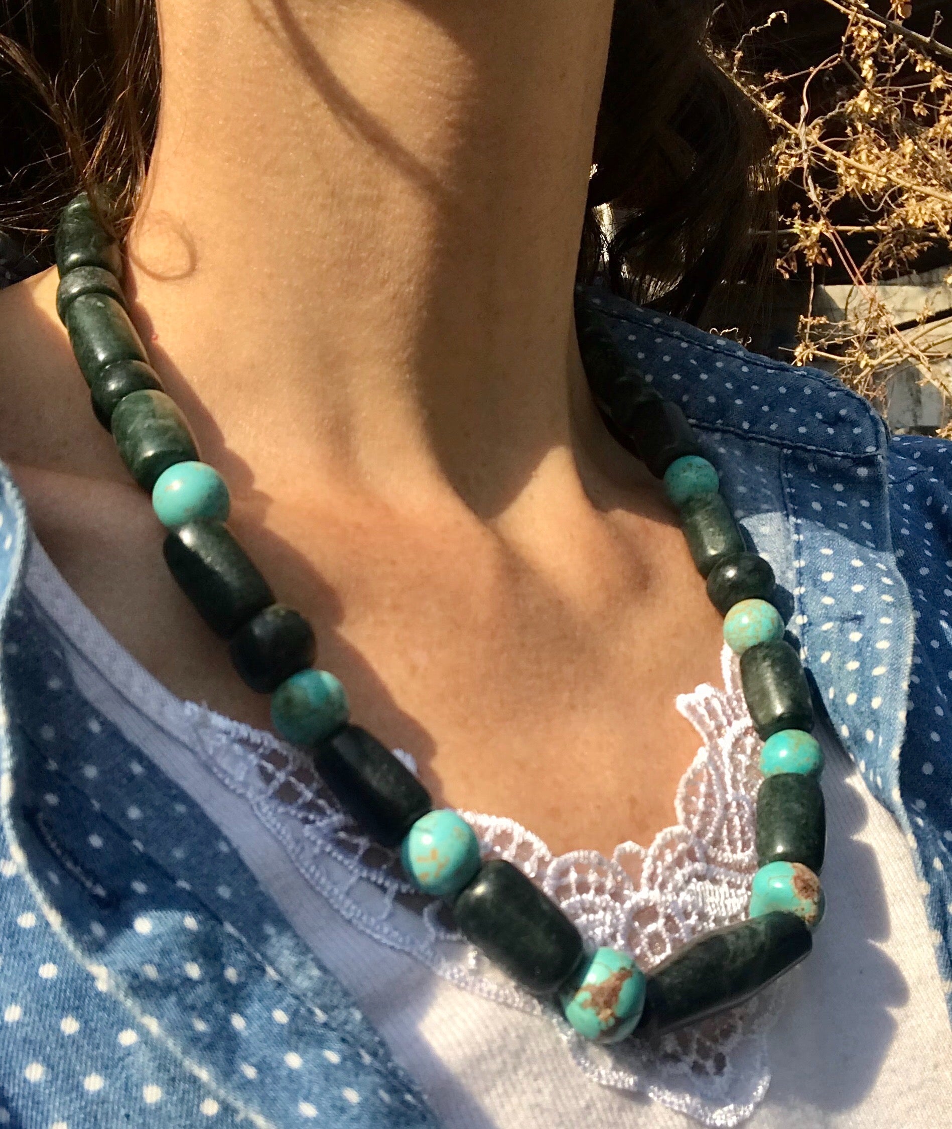 Mayan Jewelry Set like Ancient Guatemalan Jade style with serpentine & turquoise beads - Precolombian style necklace and bracelet