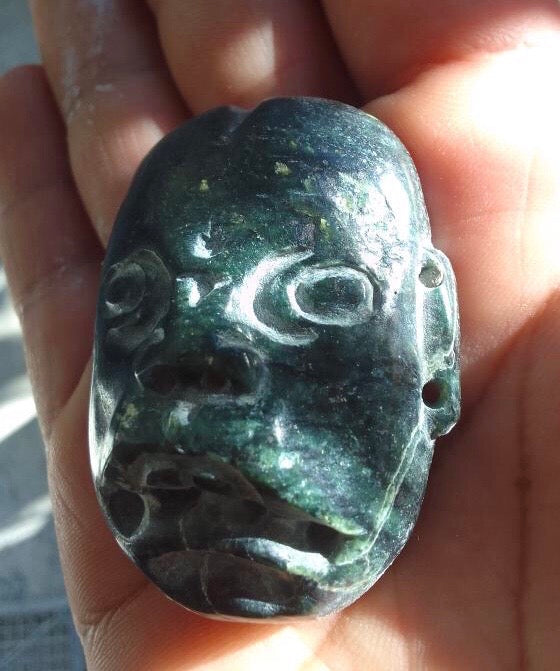 Olmec Head Jaguar carved Pendant Serpentine Stone - 50mm - Precolombian Mexican Jewelry