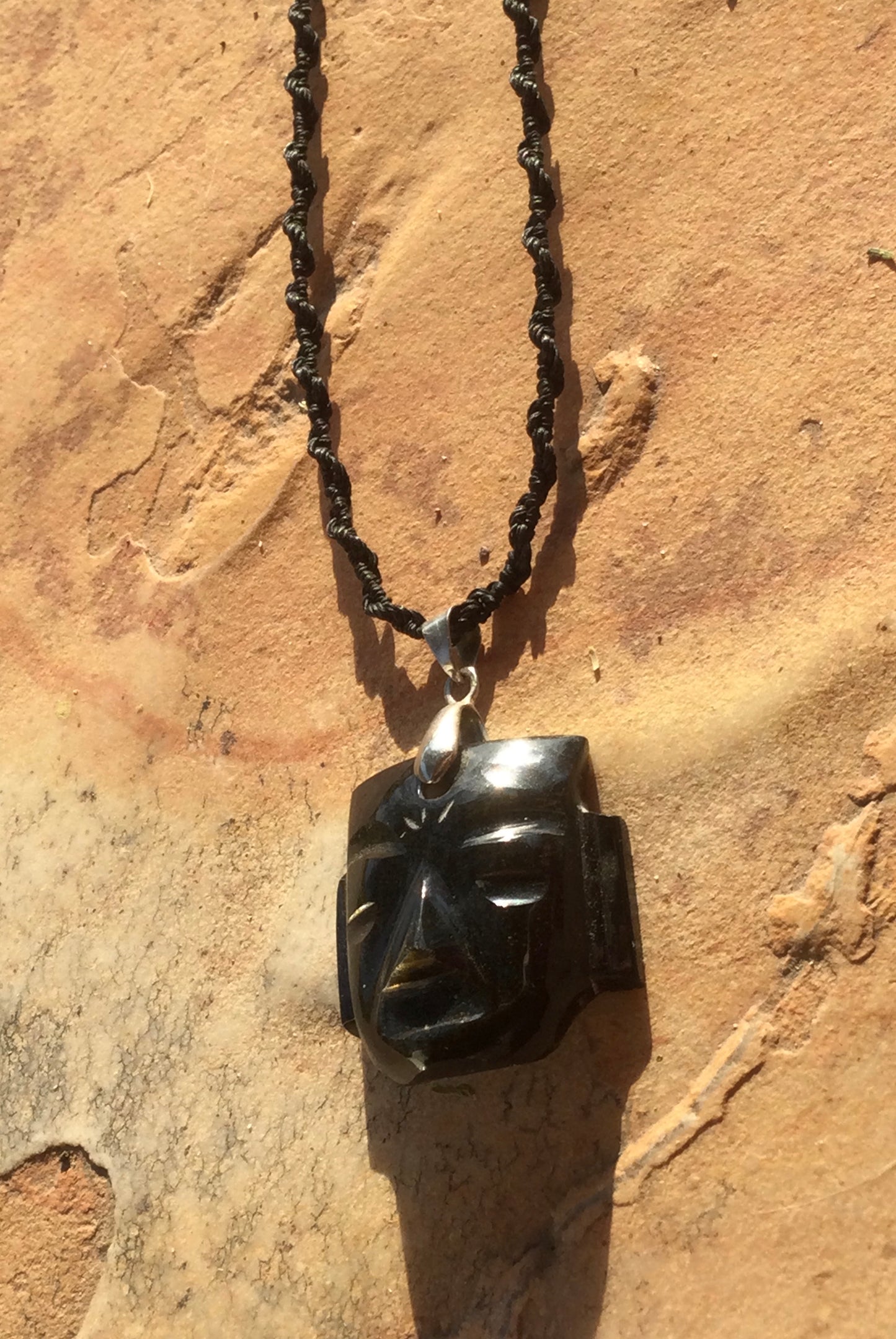 Teotihuacan Head Mask Pendant carved in Golden Obsidian stone - Mexican Necklace Precolombian Jewelry