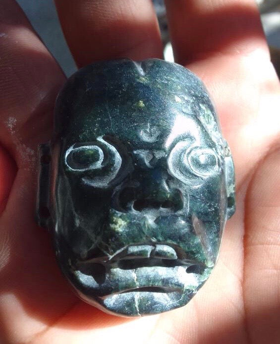 Olmec Head Jaguar carved Pendant Serpentine Stone - 50mm - Precolombian Mexican Jewelry