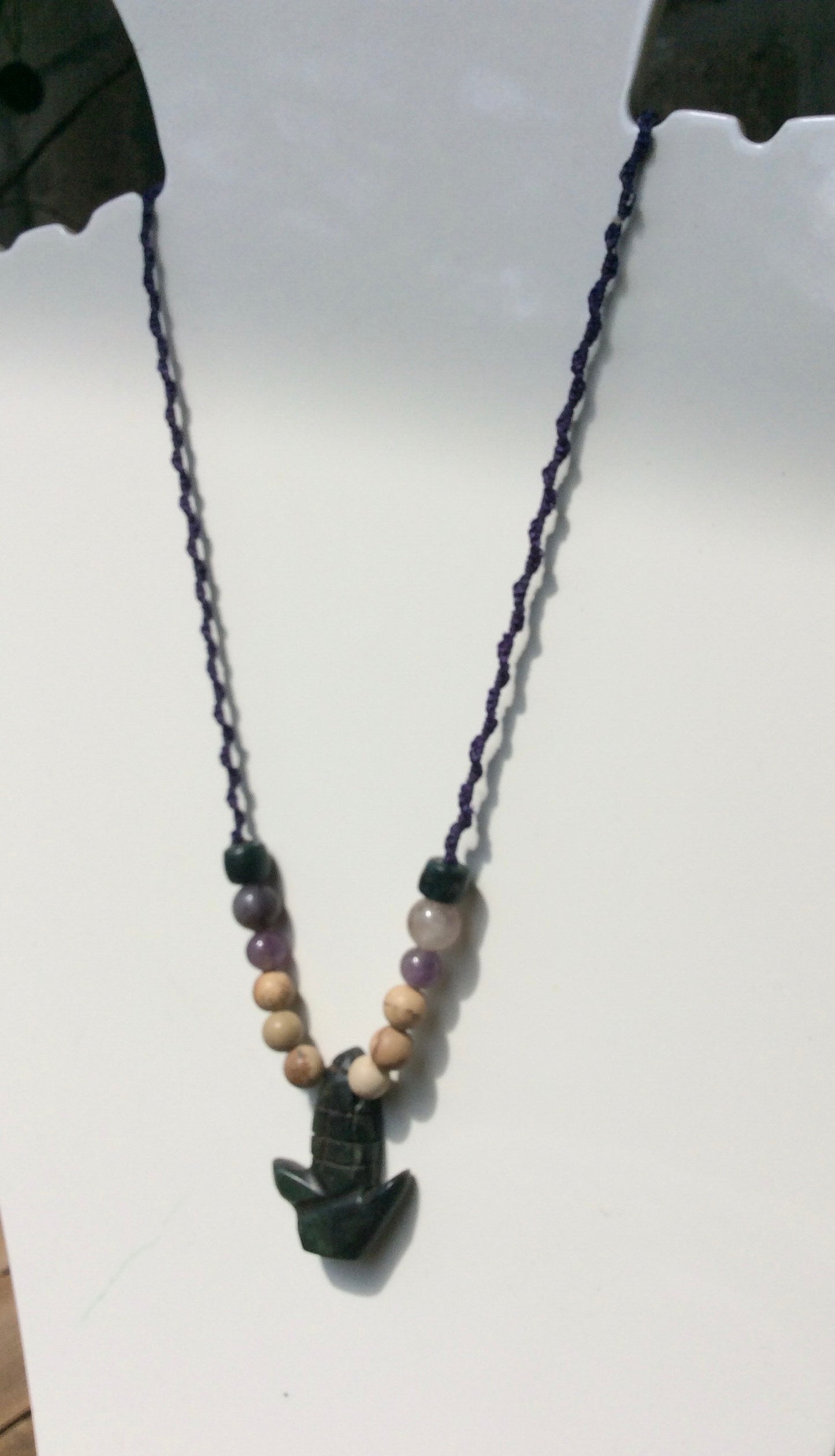 Corn Plant stone pendant, Guatemalan jade Style, serpentine stone necklace and petrified wood beads, amethyst, Mexican Nature jewelry