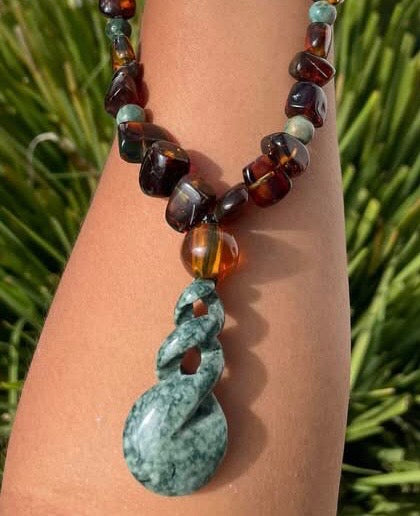 Authentic Guatemalan Jade Jaguar Pendant Necklace with Amber from Chiapas - Mayan Jewelry Gemstones