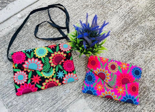 Flores de México : Bolsa artesanal bordada de girasoles multicolores