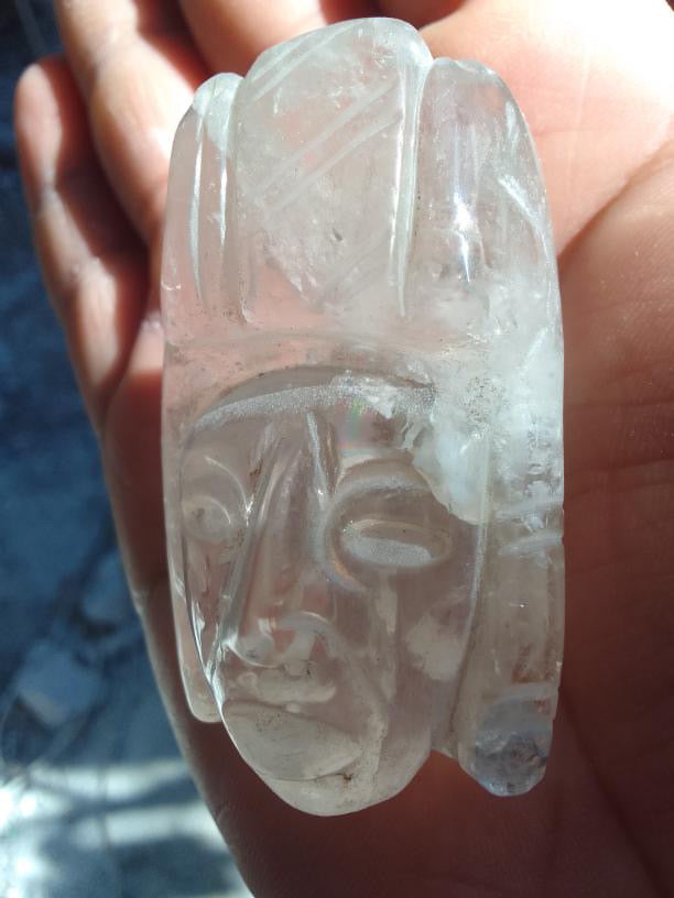 Mayan Ruler Head carved Pendant quartz Crystal Stone - 50mm - Precolombian Mexican Jewelry