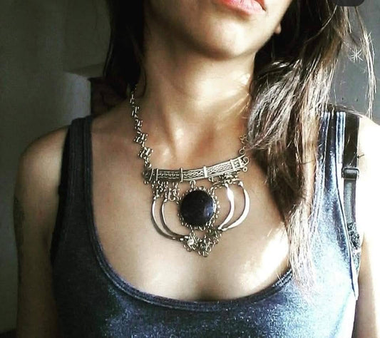 Mexican Obsidian stone & Alpaca wire Balance- handmade Necklace Fine Jewelry