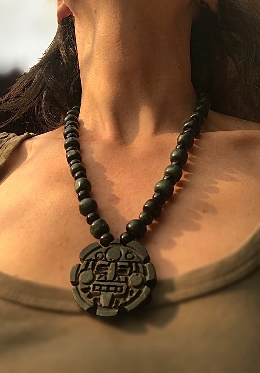Tonatiuh, Mexican Sun Divinity Necklace, Center of Aztec Calendar or Sun Stone - like Ancient Guatemalan jade & obsidian beads - Mayan & Aztec Jewelry - Precolombian style