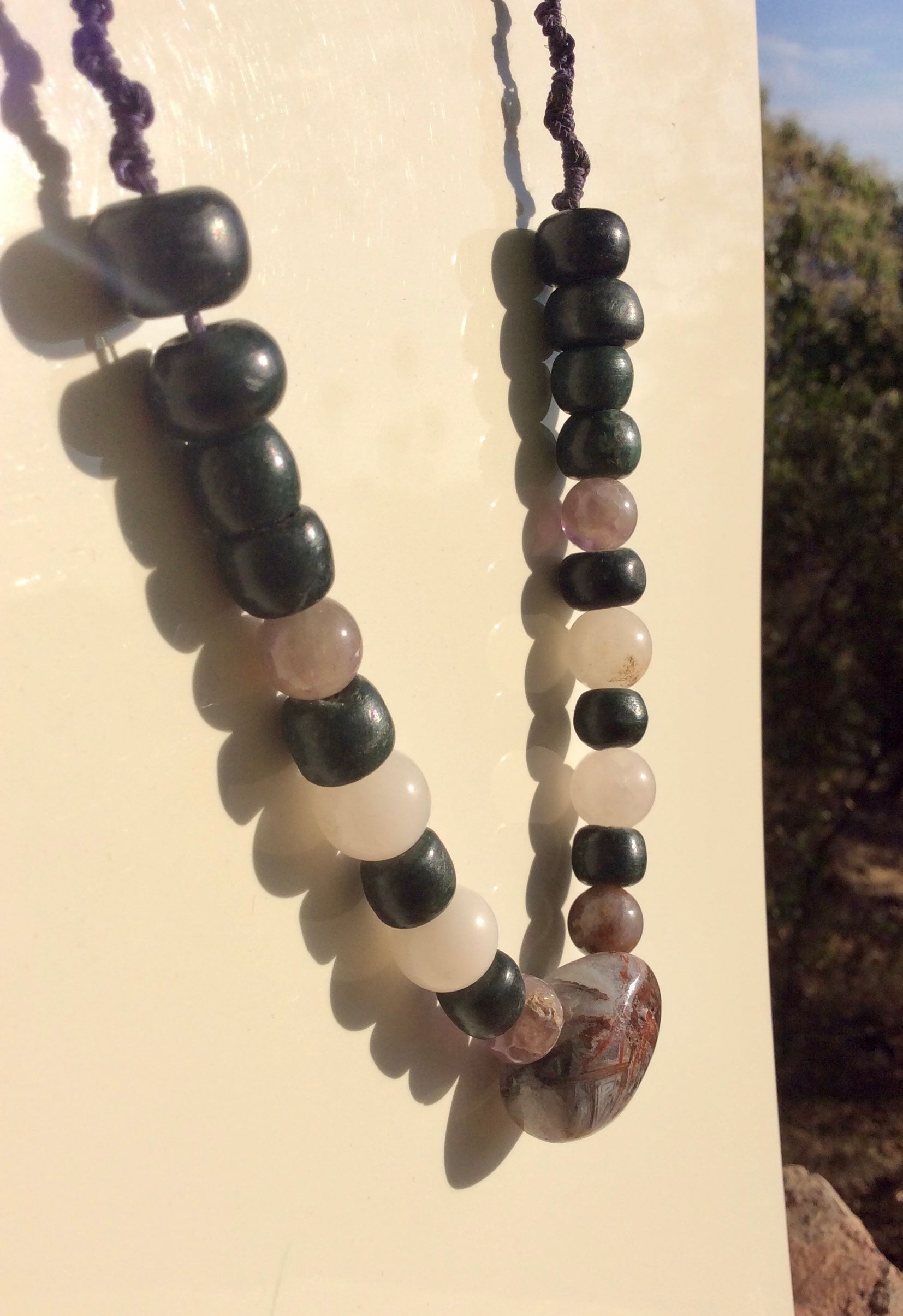 Tranquil Harmony Necklace: White Agate Pendant with Serpentine, Amethyst, and Rose Quartz Beads- Women Jewelry