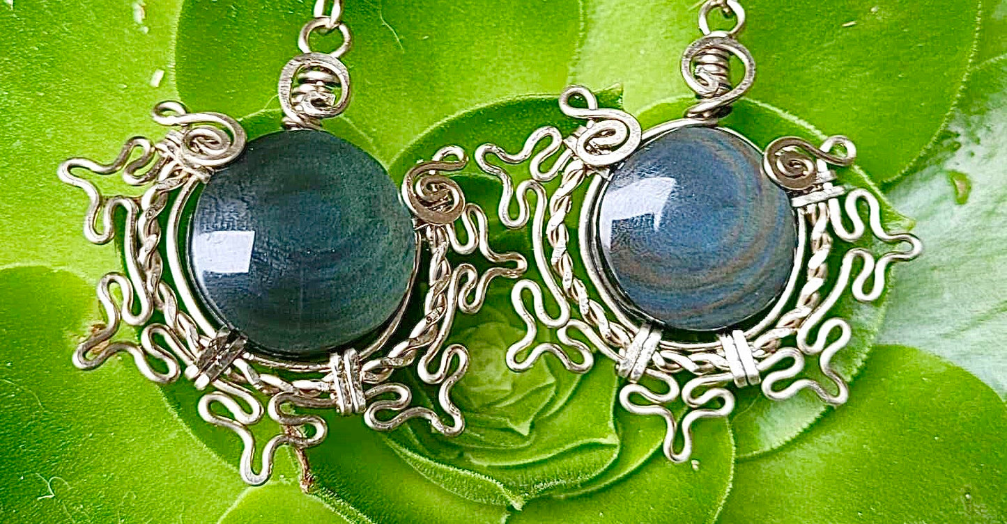 Velvet Obsidian stone Earrings - Manto Huichol Mentogochol Obsidian with Alpaca Wire - Bohemian Style - Handcrafted with Love