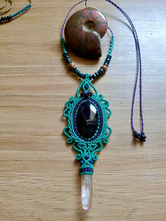 Turquoise Blue Macramé necklace with velvet Obsidian pendant & crystal Quartz  - Mexican Handmade - Protection, revelation & purification 