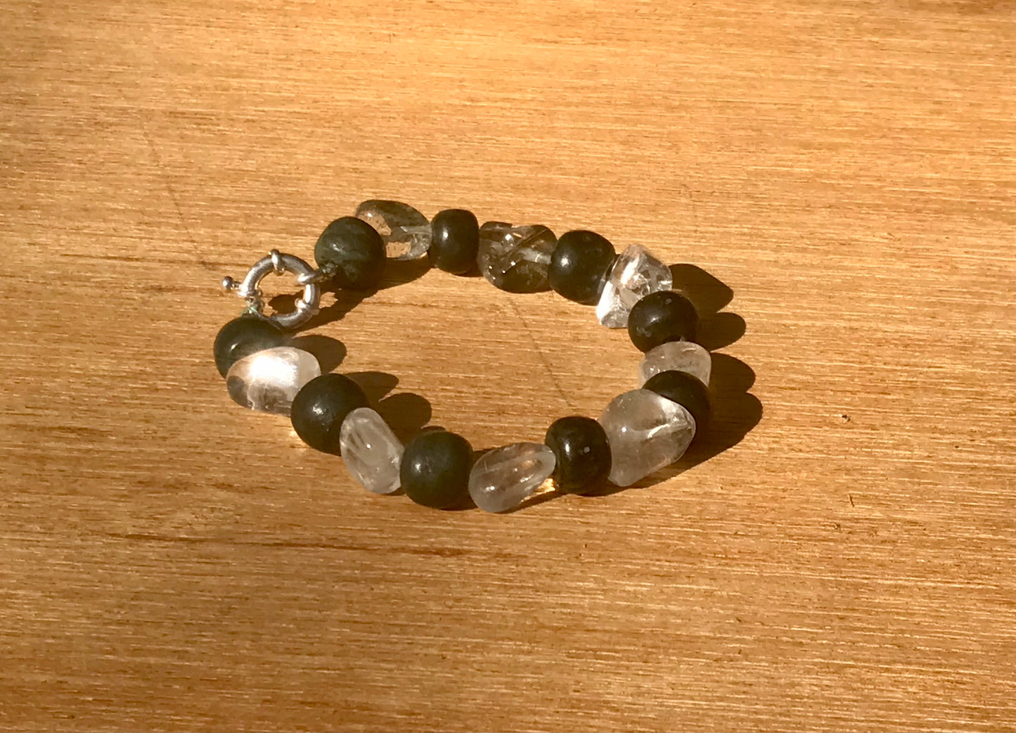 Mayan Jewelry Bracelet like Ancient Guatemalan Jade style with serpentine and natural Crystal Quartz