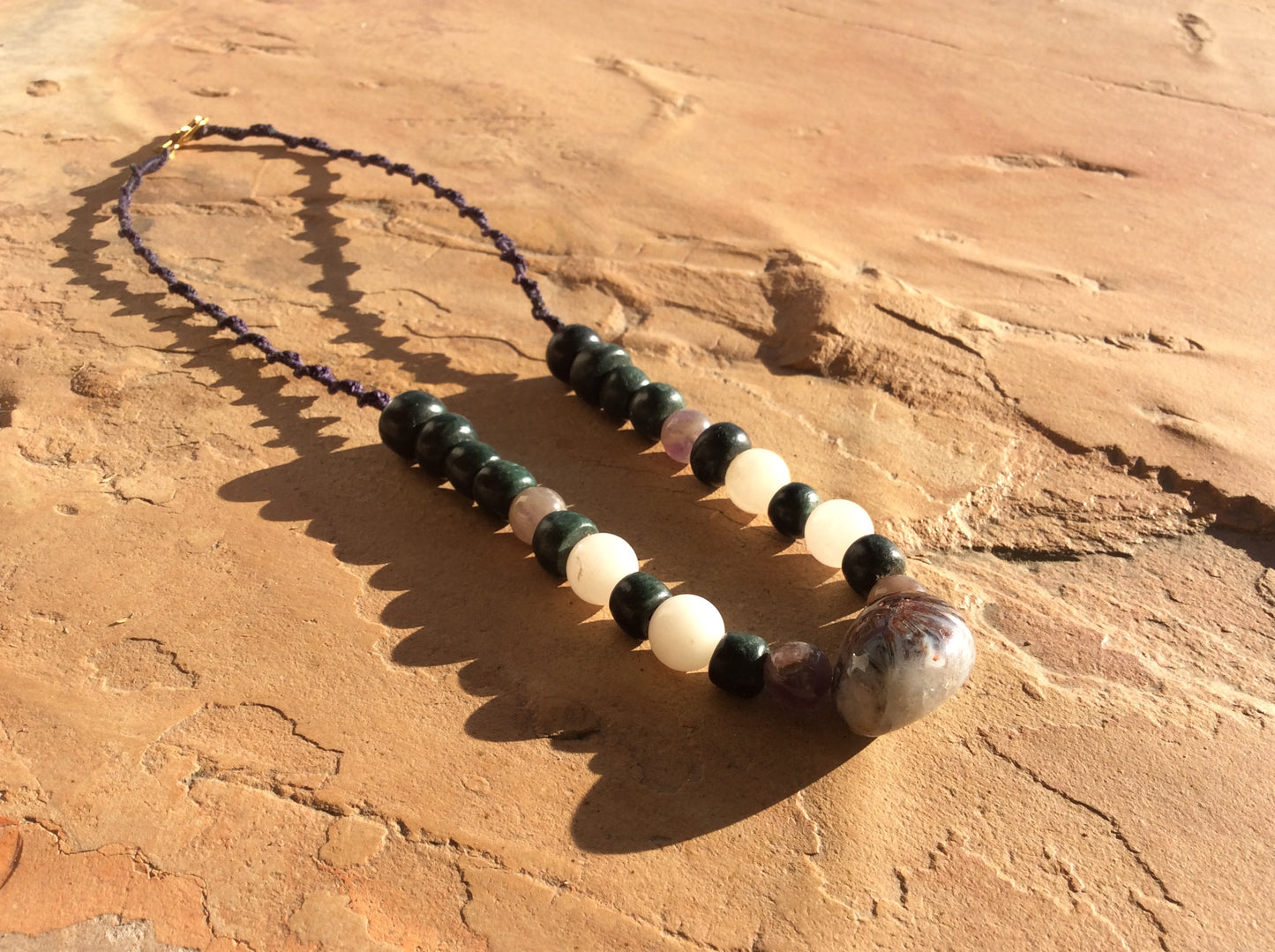 Tranquil Harmony Necklace: White Agate Pendant with Serpentine, Amethyst, and Rose Quartz Beads- Women Jewelry