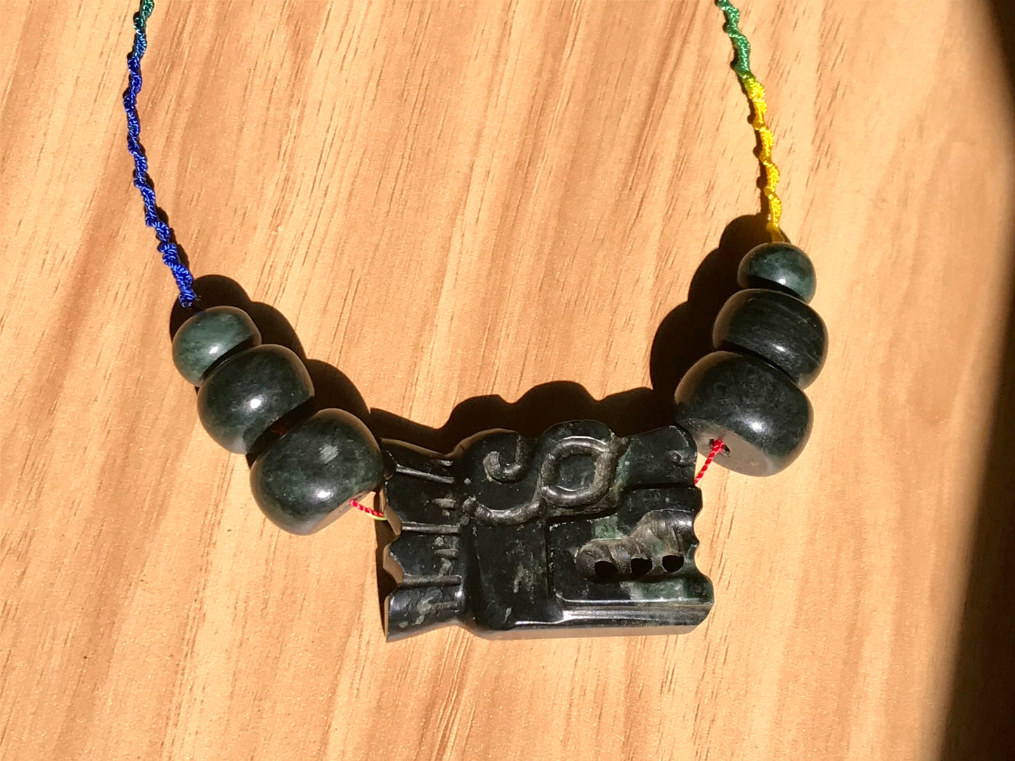 Quetzalcóatl, Kukulkan, feathered snake  pendant like ancient Guatemalan jade style, serpentine stone and green macramé necklace, Aztec Mayan jewelry precolombian style