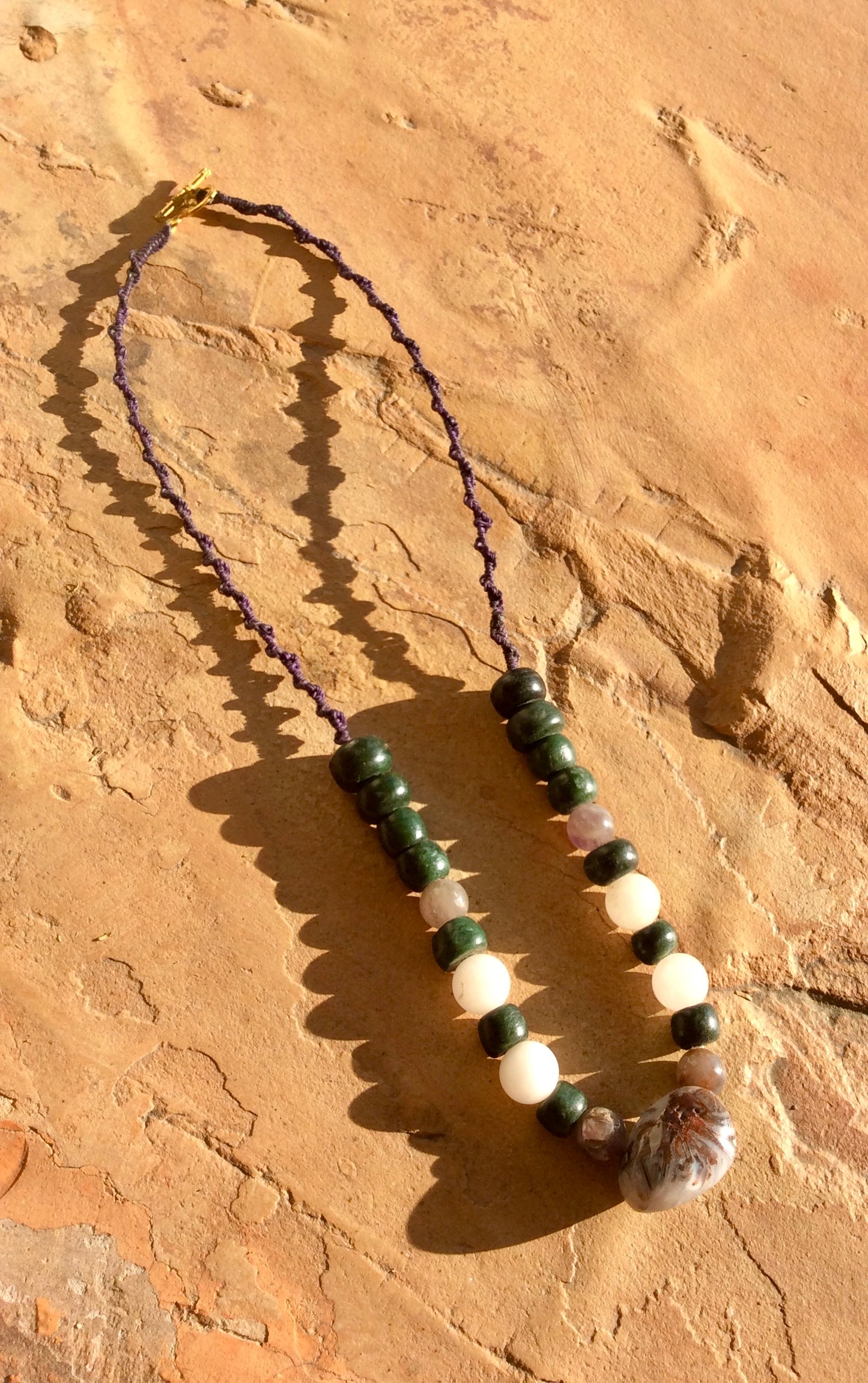 Tranquil Harmony Necklace: White Agate Pendant with Serpentine, Amethyst, and Rose Quartz Beads- Women Jewelry