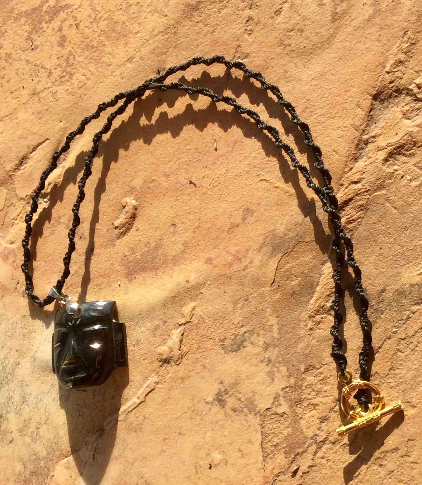 Teotihuacan Head Mask Pendant carved in Golden Obsidian stone - Mexican Necklace Precolombian Jewelry