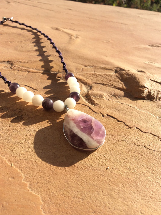 Trinity of Harmony: Amethyst Pendant with White Agate and Obsidian Beads for Emotional Balance and Spiritual Protection