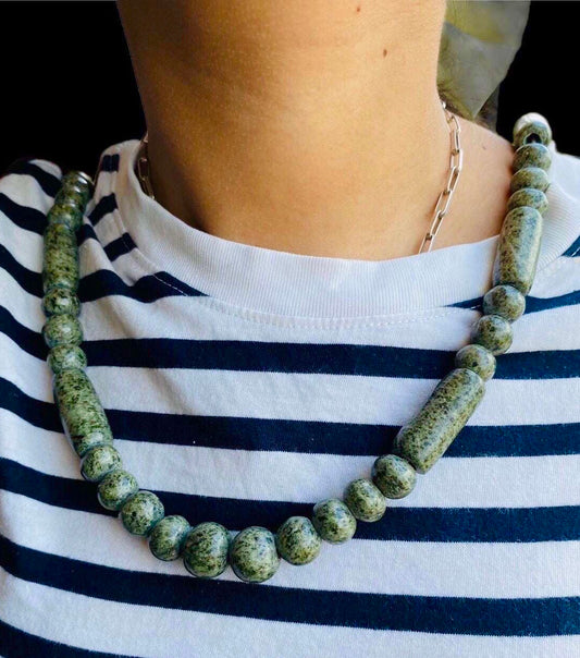 Serpentine beads choker necklace, artisanal handmade carved, Mayan precolombian Mexican style jewelry