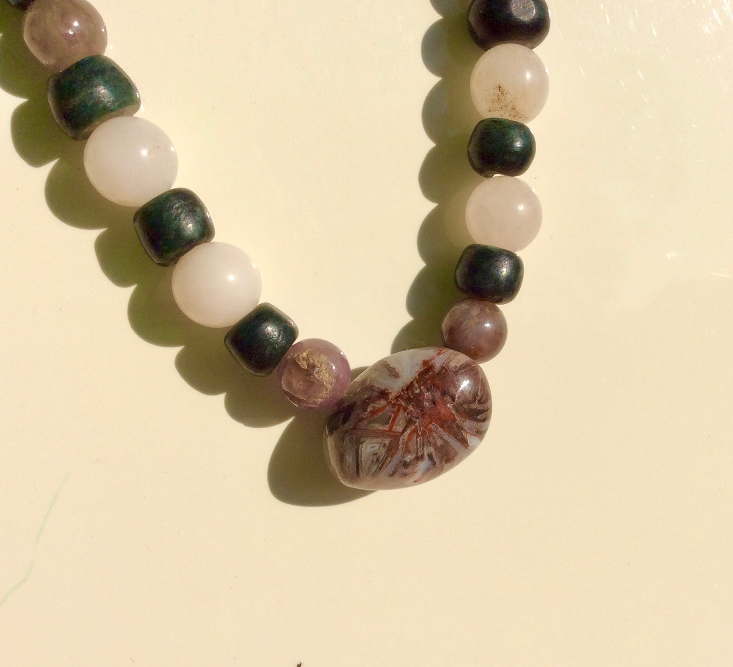 Tranquil Harmony Necklace: White Agate Pendant with Serpentine, Amethyst, and Rose Quartz Beads- Women Jewelry